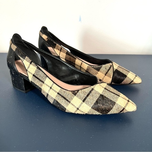 Preston & York Tabitha Black and Tan Plaid Calf Hair Pointed Toe Pumps Size 8 - Picture 3 of 16